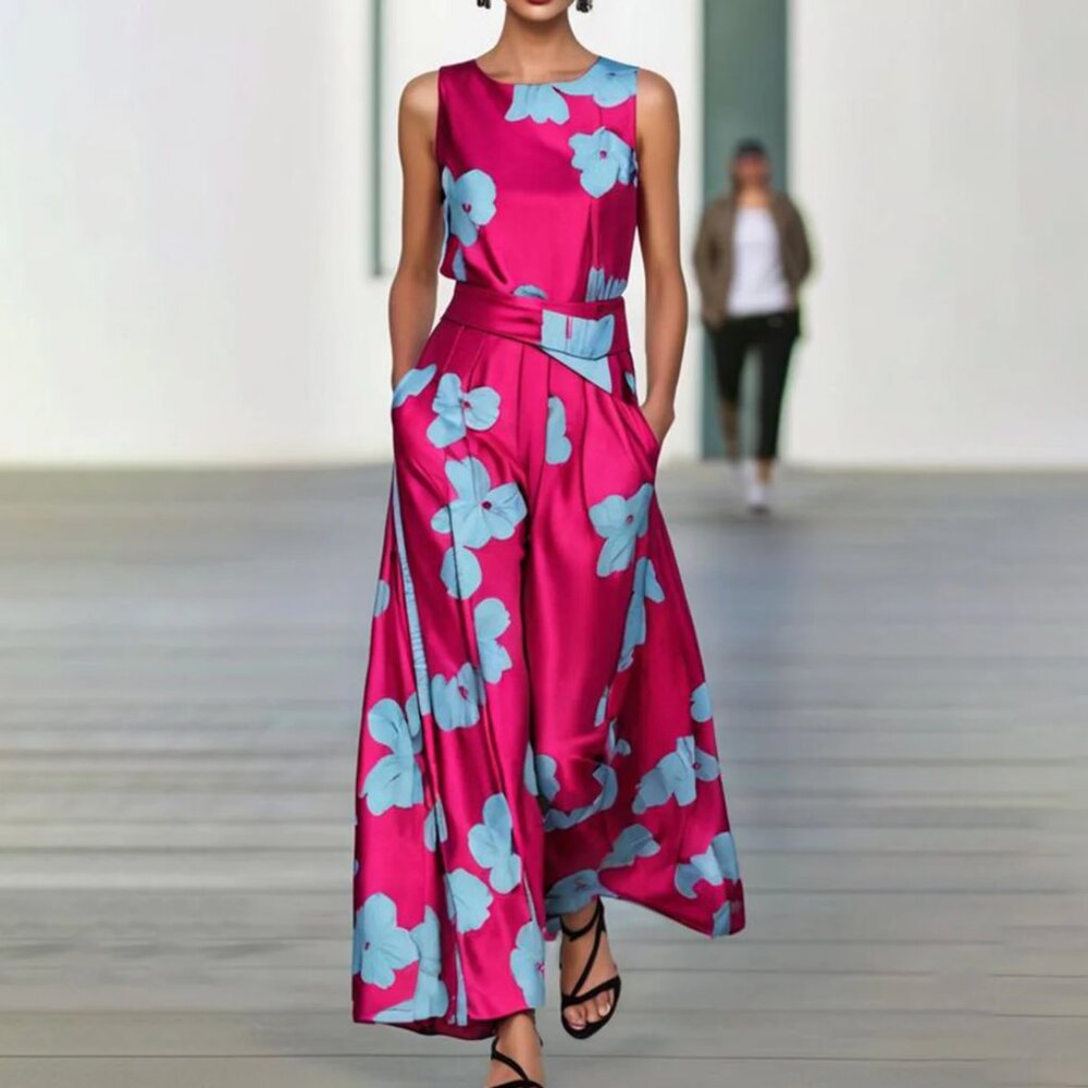 Rose Red and Blue Sleeveless Maxi Dress